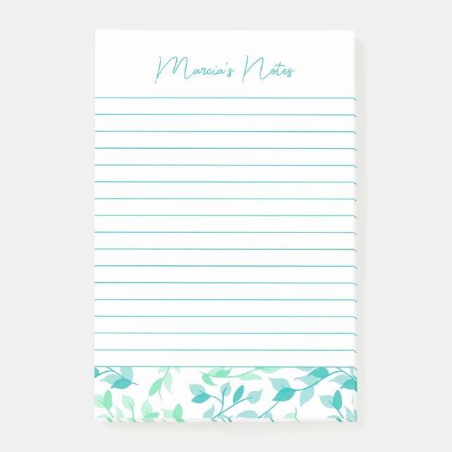 Pretty Teal Green Floral Modern Personalised Lined Post-it Notes (Front)