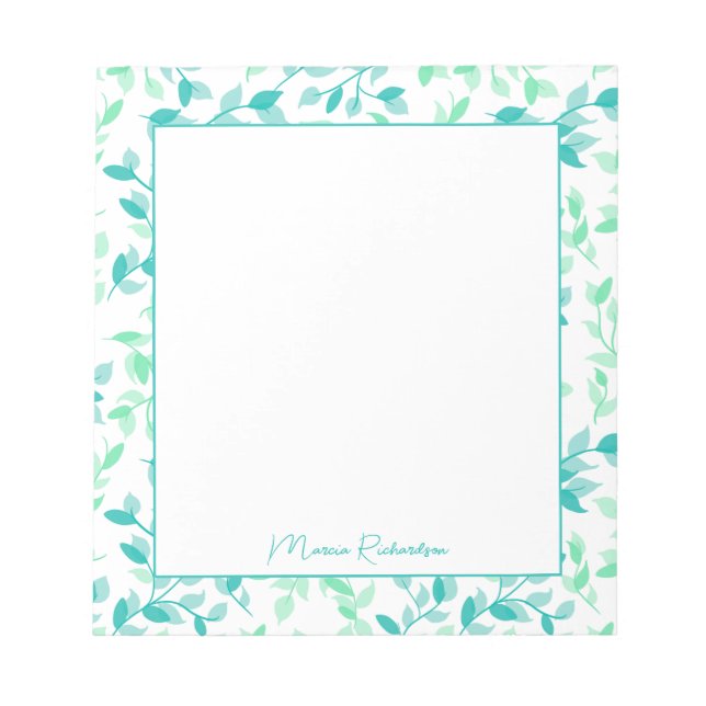 Pretty Teal Green Florals Modern Personalised Notepad (Front)