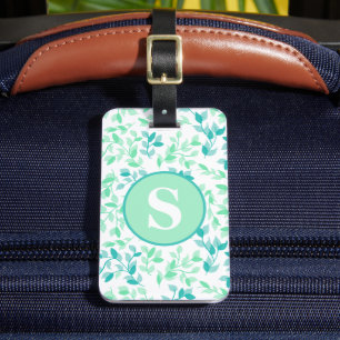 Pretty Teal Green Florals Monogram Personalised Luggage Tag