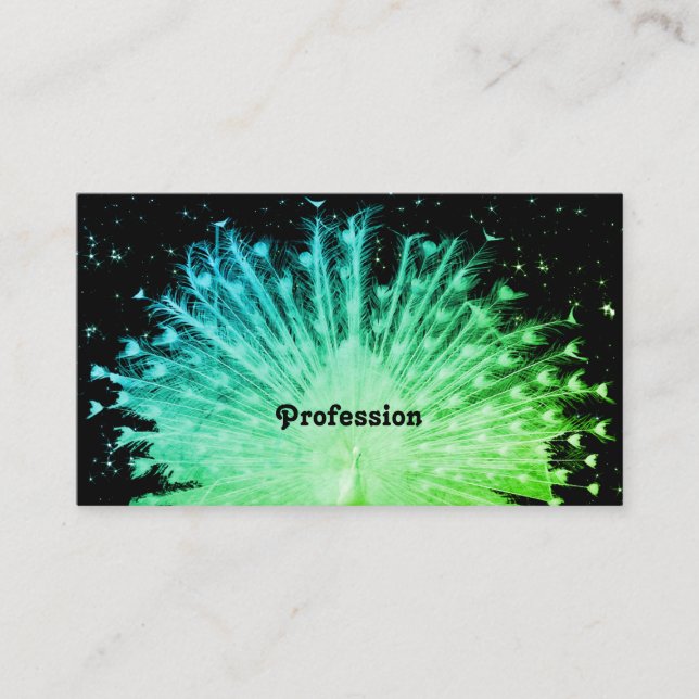Pretty Teal Green Ombre Peacock with Glitter Stars Business Card (Front)