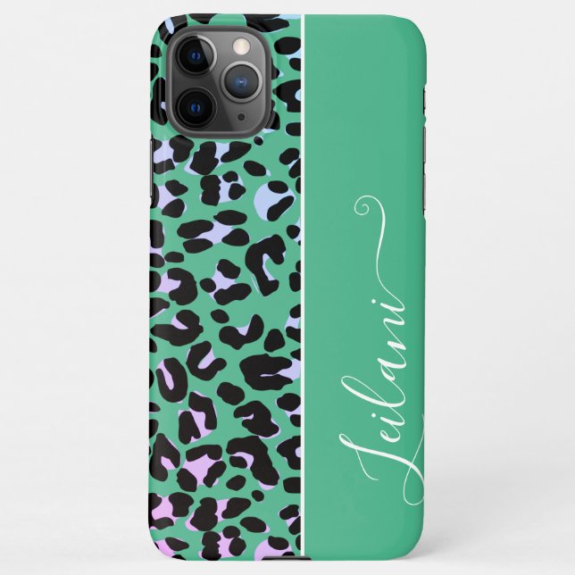 Pretty Teal Leopard Pattern Background Custom Name iPhone Case (Back)