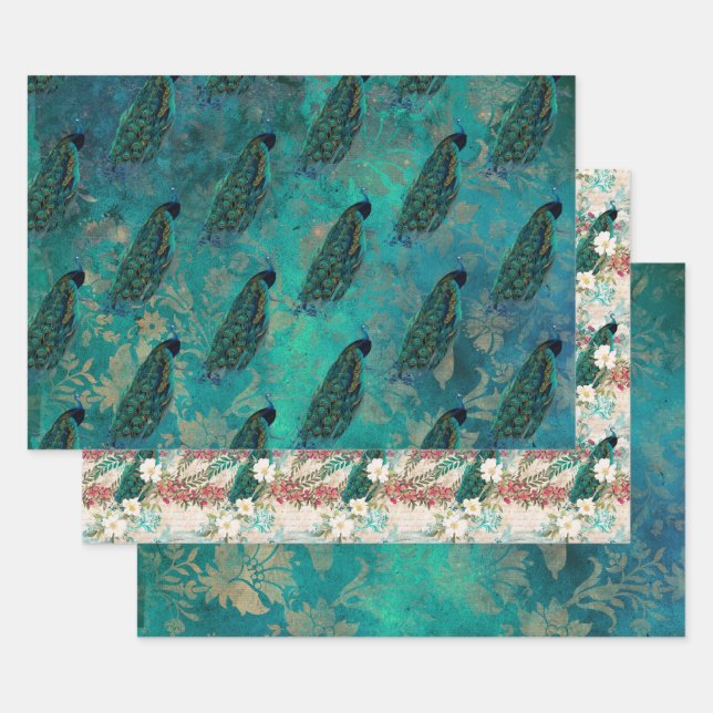 Pretty Teal Peacock Wrapping Paper Sheet (Set)