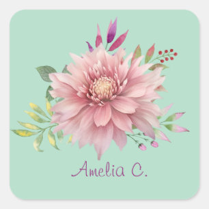 Pretty Teal & Pink Pastel Watercolor Floral Square Sticker