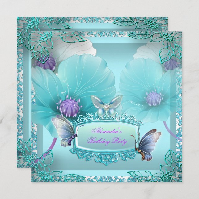 Pretty Teal Purple Butterfly lace Birthday Party Invitation (Front/Back)