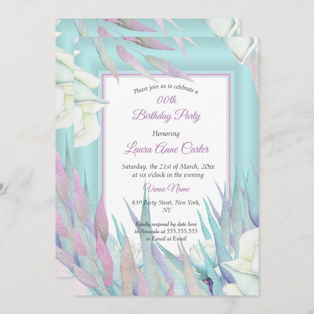 Pretty Teal Purple Floral Photo Birthday Party Invitation (Front/Back)