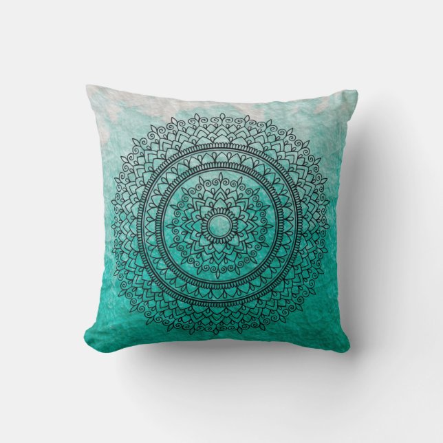 Pretty Teal Watercolor Bohemian Mandala Flower Art Cushion (Front)