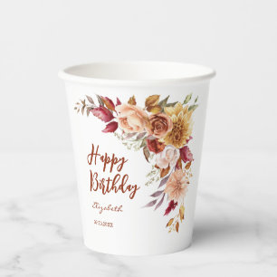 Pretty Terracotta Autumn Floral Botanical Birthday Paper Cups