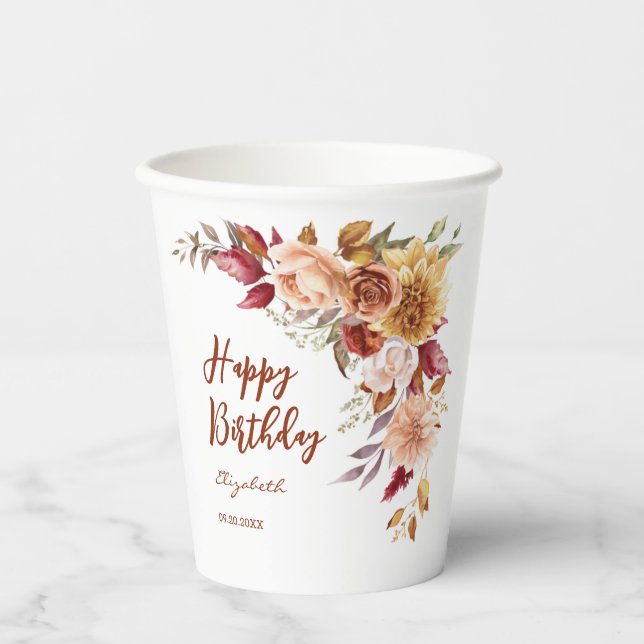 Pretty Terracotta Autumn Floral Botanical Birthday Paper Cups (Front)
