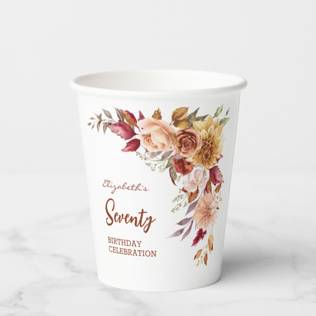 Pretty Terracotta Autumn Floral Greenery Birthday Paper Cups (Back)