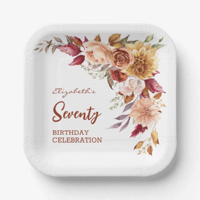 Pretty Terracotta Autumn Floral Greenery Birthday Paper Plate (Front)