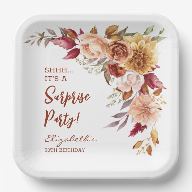 Pretty Terracotta Fall Floral Surprise Birthday Paper Plate (Front)