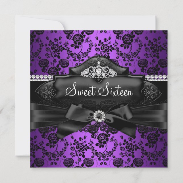 Pretty Tiara & Bow Purple Sweet 16 Invitation (Front)