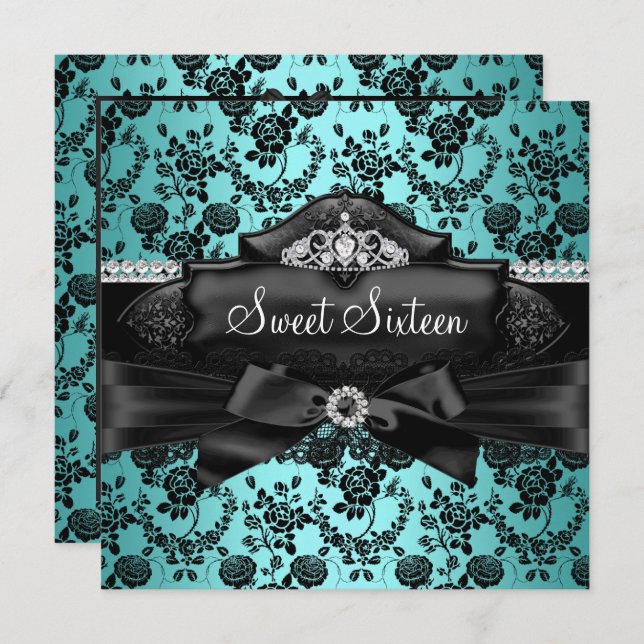 Pretty Tiara & Bow Teal Sweet 16 Invitation (Front/Back)