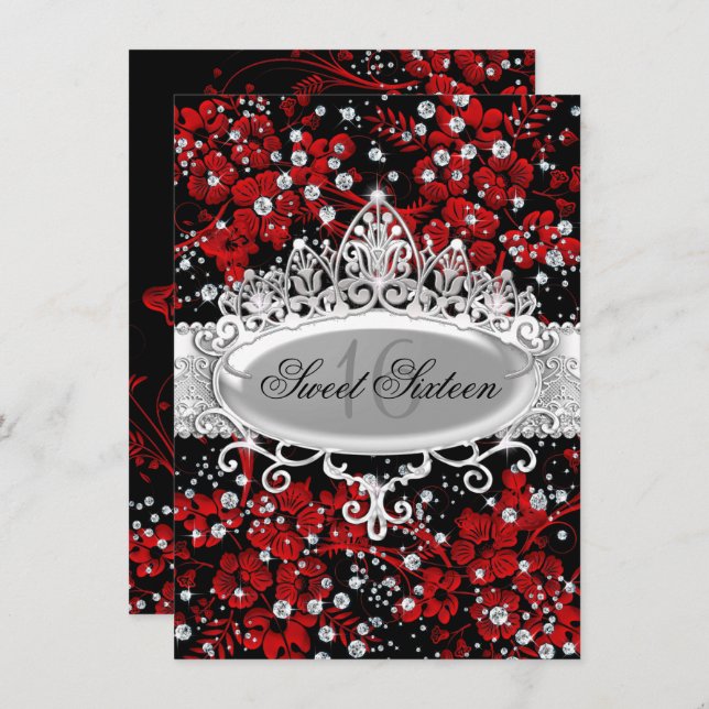Pretty Tiara & Sparkle Flowers Red Sweet 16 Invitation (Front/Back)