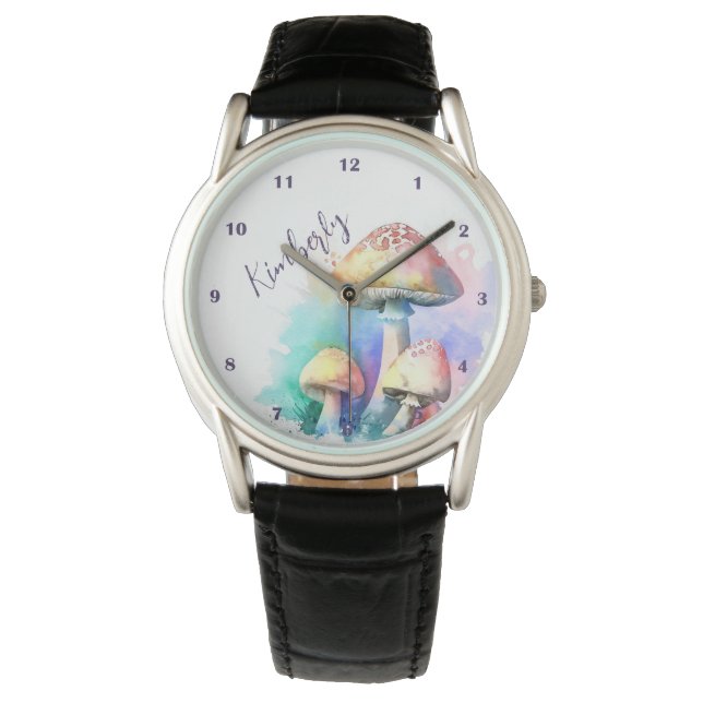 Pretty Toadstools Mushrooms Watercolor Custom Name Watch (Front)