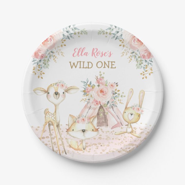 Pretty Tribal Woodland Animals Wild One Birthday Paper Plate (Front)