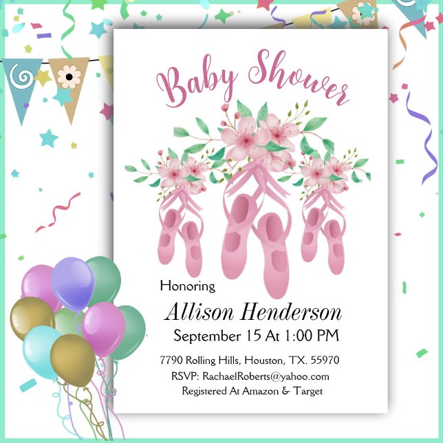 Pretty Trio Of Pink Ballet Shoes Baby Shower Invitation (Creator Uploaded)