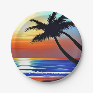 Pretty Tropical Palm Tree and Ocean Paper Plate