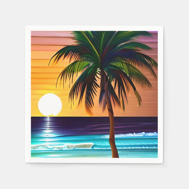 Pretty Tropical Palm Tree and Ocean Sunset Napkin (Front)