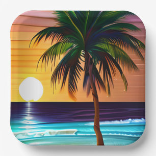 Pretty Tropical Palm Tree and Ocean Sunset Paper Plate