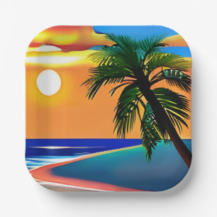 Pretty Tropical Palm Tree and Ocean Sunset Paper Plate
