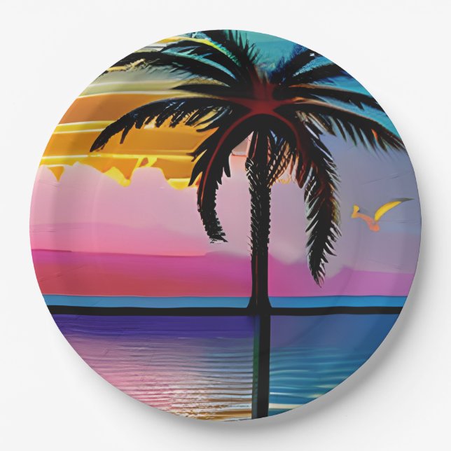 Pretty Tropical Palm Tree and Purple Sunset Paper Plate (Front)