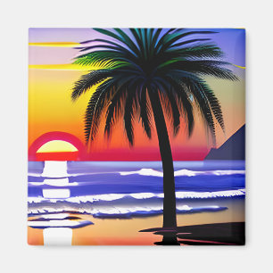 Pretty Tropical Palm Tree and Sunset Magnet