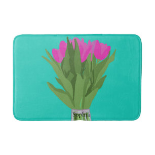 Pretty Tulip Flower Modern Illustration + Name Bath Mat