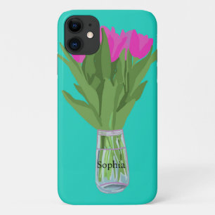 Pretty Tulip Flower Modern Illustration + Name Case-Mate iPhone Case