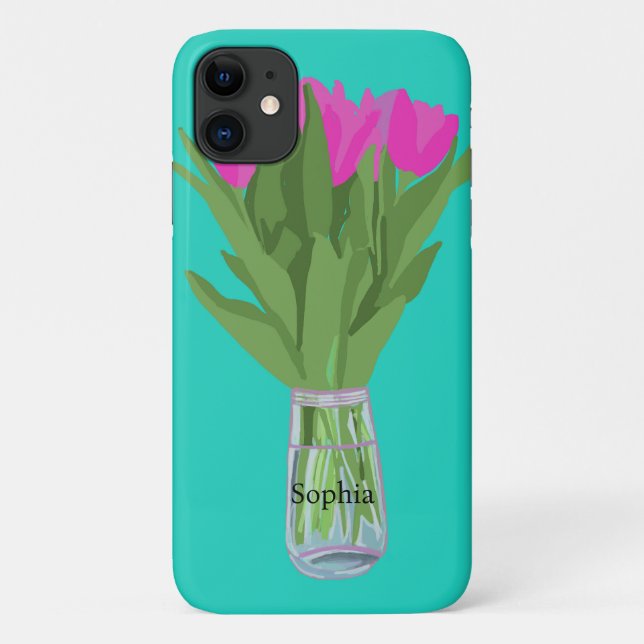 Pretty Tulip Flower Modern Illustration + Name Case-Mate iPhone Case (Back)
