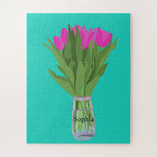 Pretty Tulip Flower Modern Illustration + Name Jigsaw Puzzle