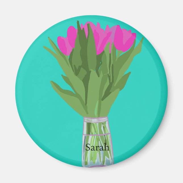 Pretty Tulip Flower Modern Illustration + Name Magnet (Front)