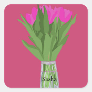 Pretty Tulip Flower Modern Illustration + Name Square Sticker