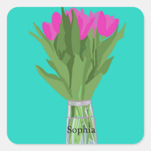 Pretty Tulip Flower Modern Illustration + Name Square Sticker