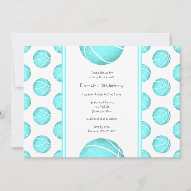 pretty turquoise basketballs pattern sports party invitation (Front)