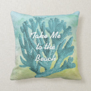 Pretty Turquoise Blue Coral Watercolor Beach Theme Cushion