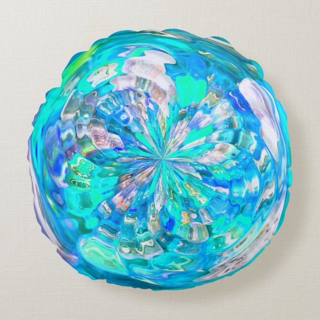 Pretty Turquoise Blue Glass Effect Circle Round Cushion (Front)