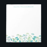 Pretty Turquoise Blue Watercolor Floral with Name  Notepad<br><div class="desc">Beautiful watercolor painting of delicate florals in turquoise blue,  personalised with your name.</div>