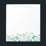 Pretty Turquoise Blue Watercolor Floral with Name  Notepad<br><div class="desc">Beautiful watercolor painting of delicate florals in turquoise blue,  personalised with your name.</div>