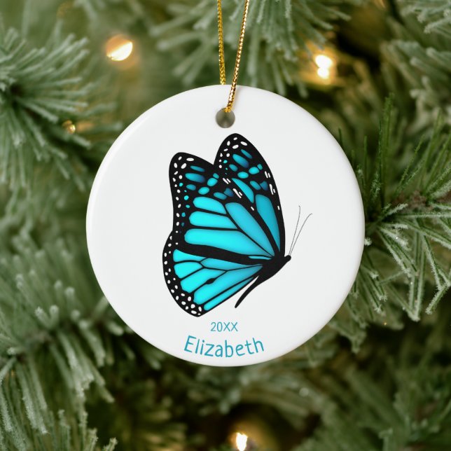 pretty turquoise butterfly in flight personalized ceramic tree decoration (Tree)