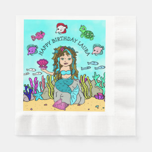 Pretty Turquoise Mermaid Girls Birthday Party Napkin
