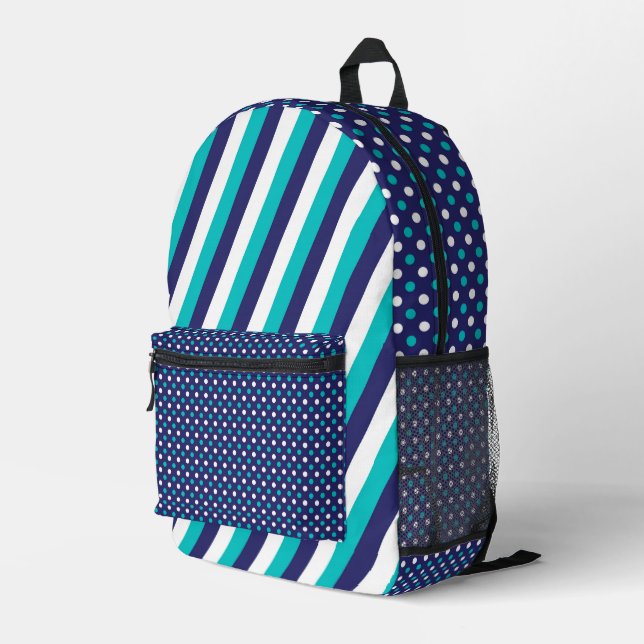 PRETTY TURQUOISE & NAVY STRIPES & POLKA DOTS PRINTED BACKPACK (Back Corner Right)