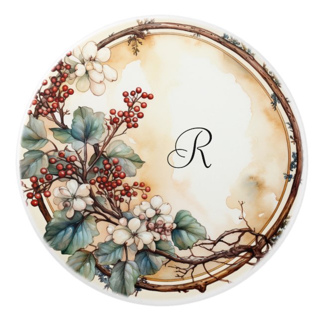 Pretty Twig Wreath White Flowers Red Berries  Ceramic Knob (Front)