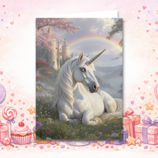 Pretty Unicorn and Fairytale Castle Birthday Card