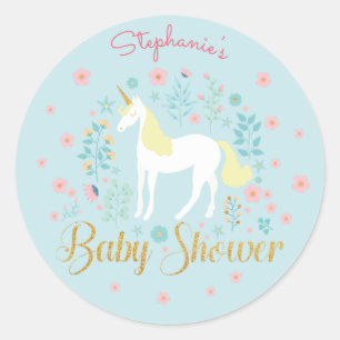 Pretty Unicorn Aqua Gold Glitter Baby Shower Classic Round Sticker