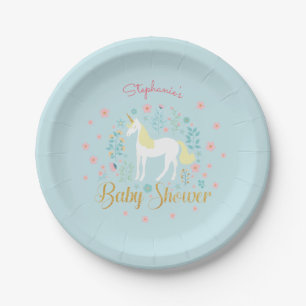 Pretty Unicorn Aqua Gold Glitter Baby Shower Paper Plate