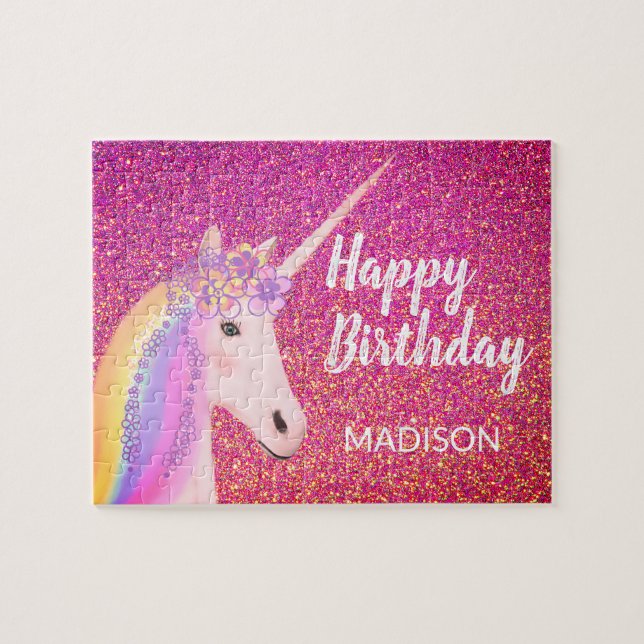 Pretty Unicorn Birthday Pink Glitter Personalised Jigsaw Puzzle (Horizontal)