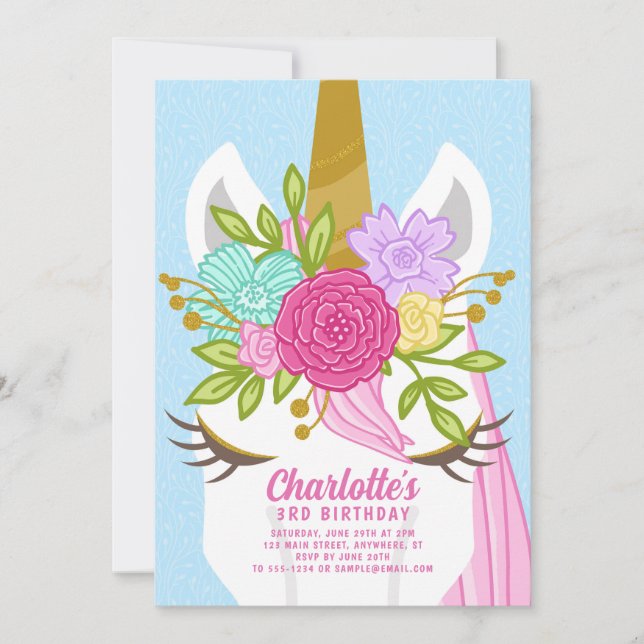 Pretty Unicorn Face Floral Birthday Invitation (Front)