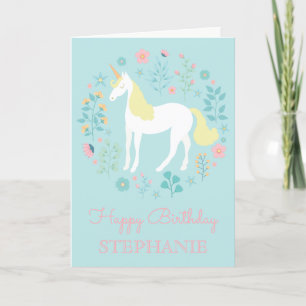 Pretty Unicorn & Flowers Aqua Personalised Card