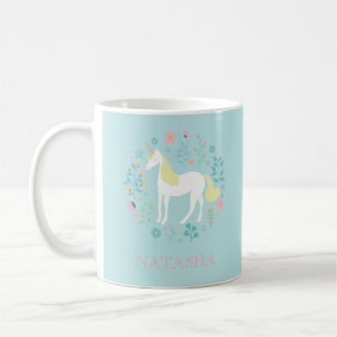 Pretty Unicorn & Flowers Aqua Personalised Coffee Mug